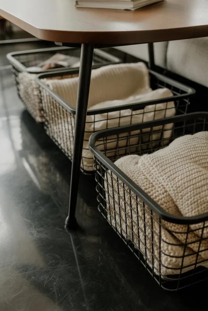 17 Living Room Storage Ideas to Add Space Smartly Industrial Matte Black Wire Baskets for Under-Table Organization
