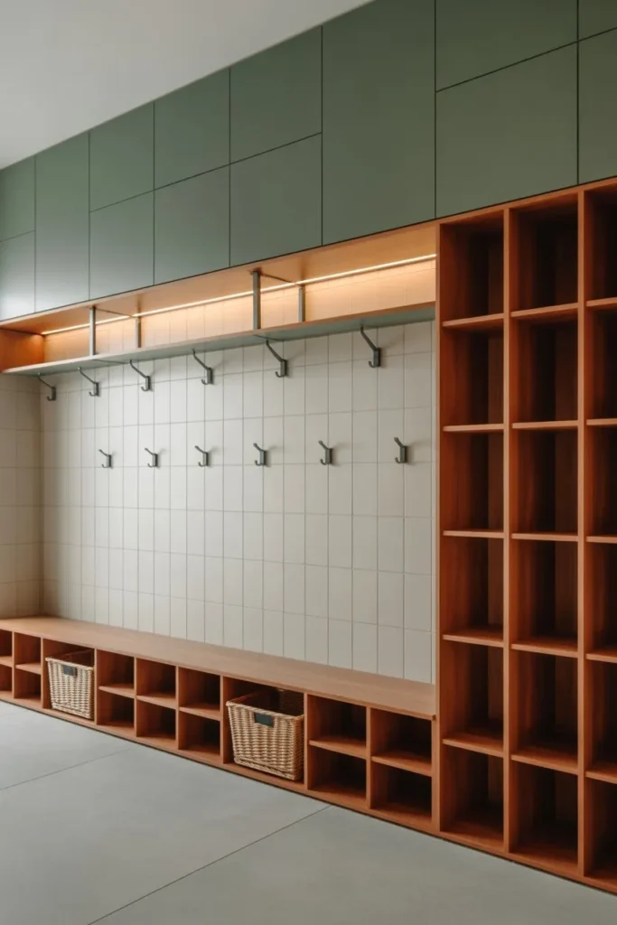 Mudroom with Hooks and Rail System