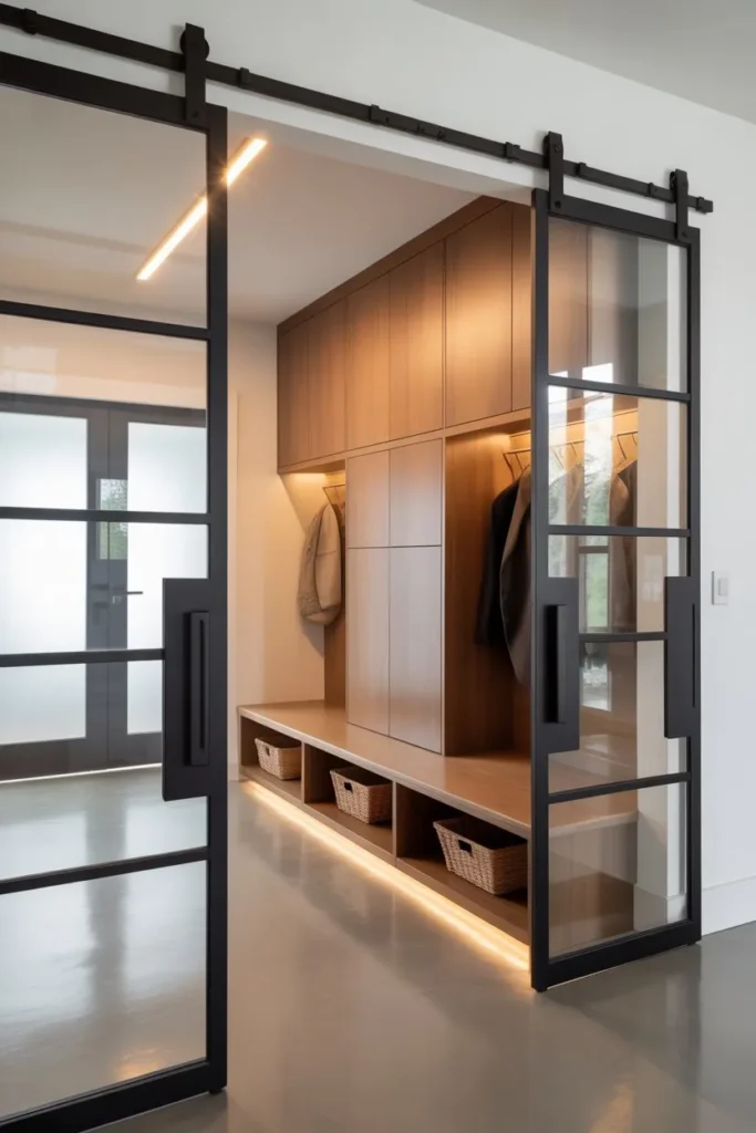 Mudroom with Sliding Door Storage