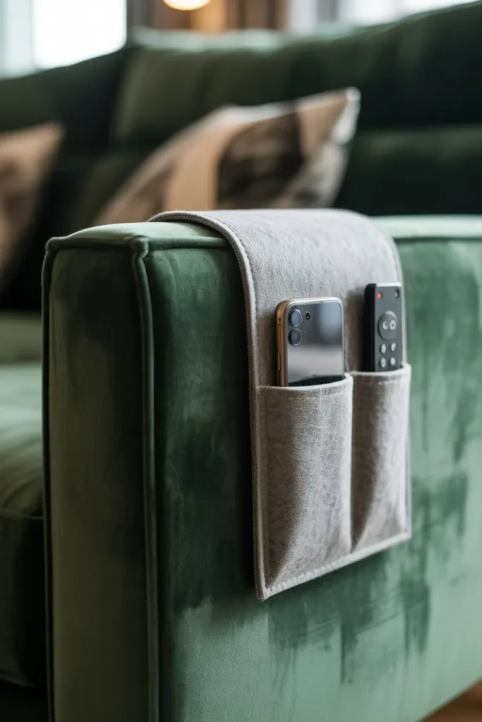 17 Living Room Storage Ideas to Add Space Smartly Sofa Armrest Caddies for Remote and Tech Clutter