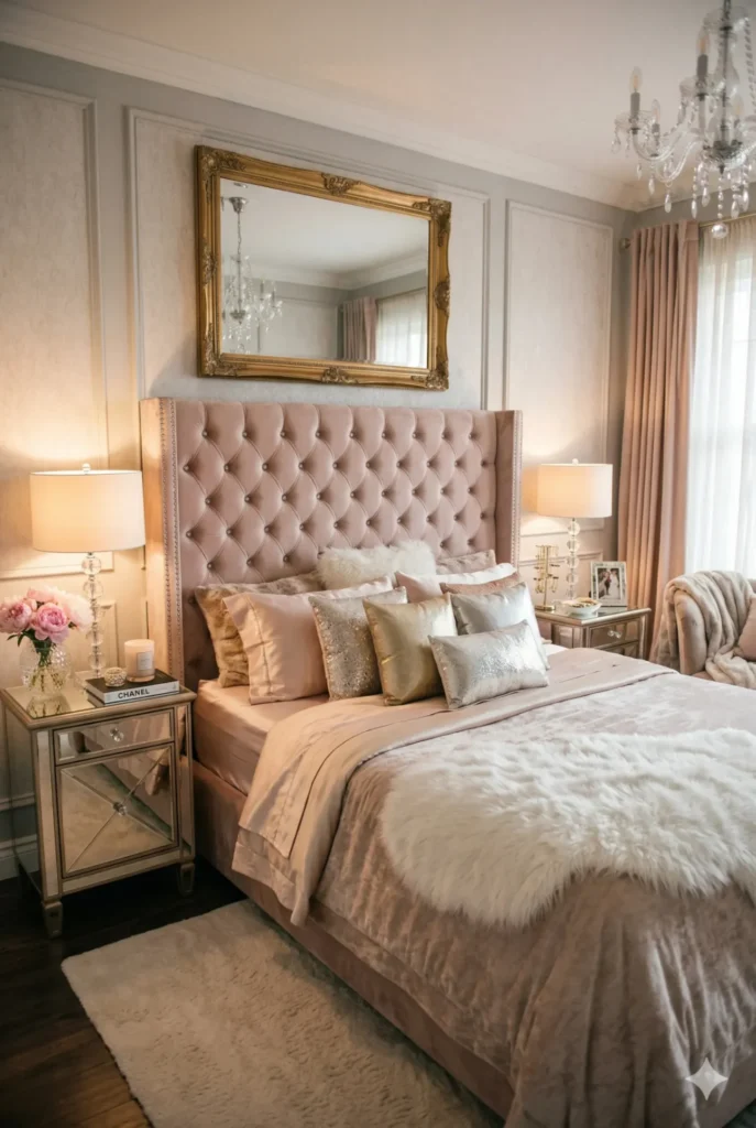Velvet Headboard Glam Bedroom