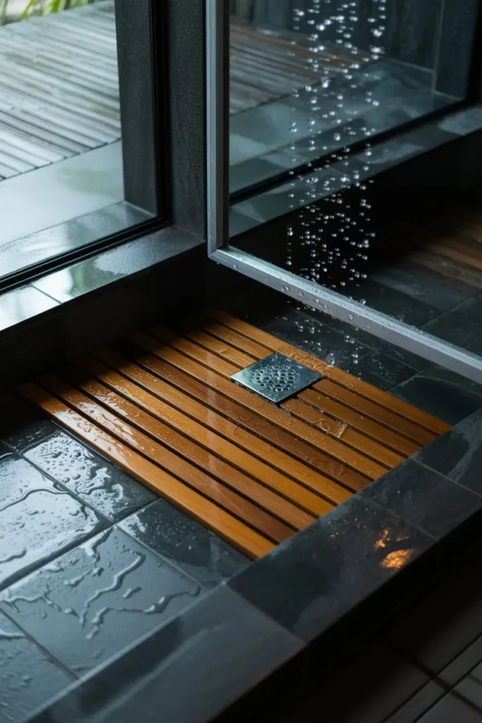 21 Modern Luxury Bathroom Ideas for a Spa-Like Feel Walk-In Rain Shower with Teak Floor Grating