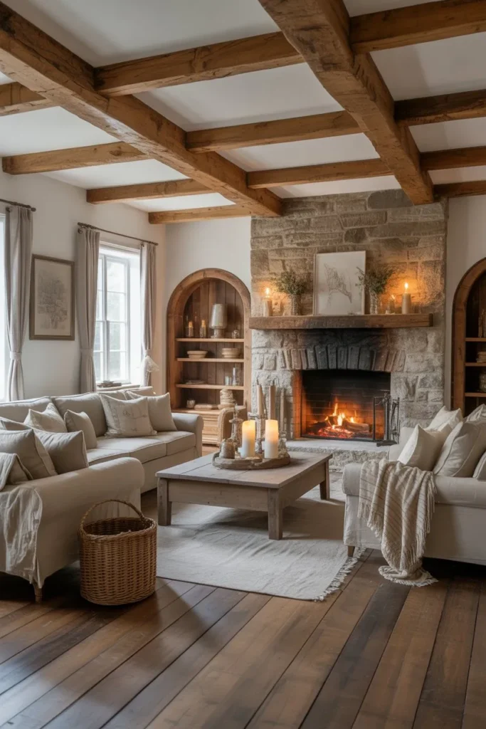 Warm Wood Beam Primitive Living Room