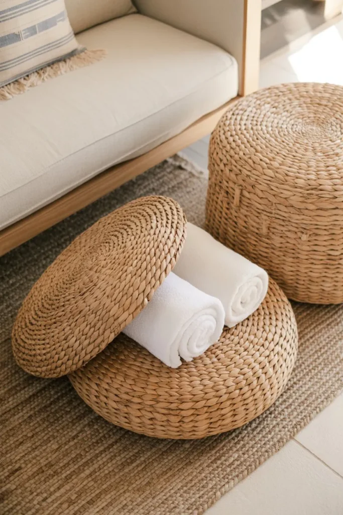 17 Living Room Storage Ideas to Add Space Smartly Woven Seagrass Ottomans with Removable Lids