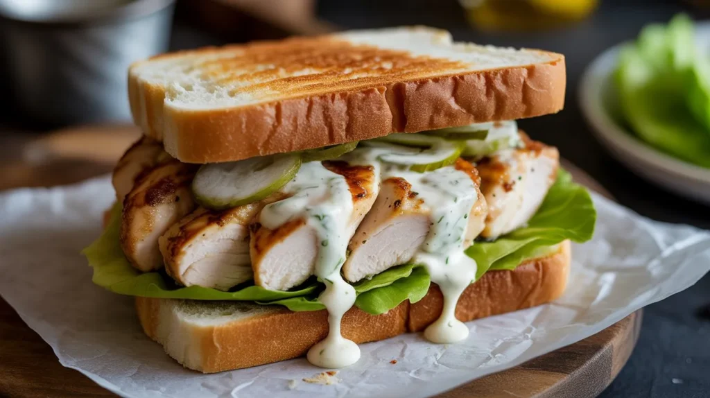 Chicken Garlic Sandwich Recipe – Creamy, Juicy & Packed With Flavor close up chicken garlic sandwich with creamy garlic sauce