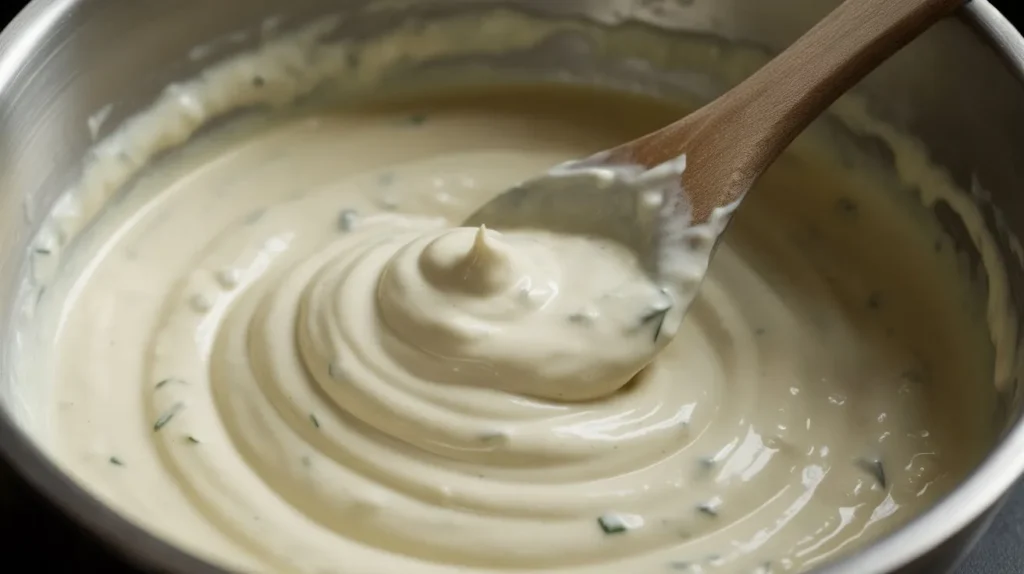 Chicken Garlic Sandwich Recipe – Creamy, Juicy & Packed With Flavor close-up-creamy-garlic-sauce-mixing-in-bowl