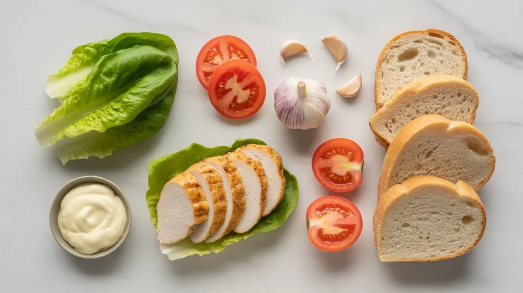 Chicken Garlic Sandwich Recipe – Creamy, Juicy & Packed With Flavor flat lay chicken garlic sandwich ingredients