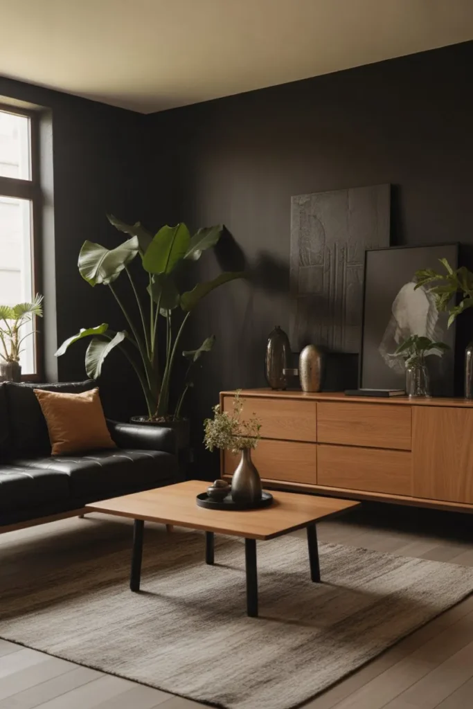 Black Living Room with Natural Wood Contrast