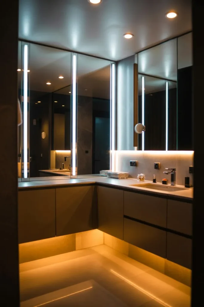 Bathroom with Smart Lighting Layers (Task + Ambient + Accent)