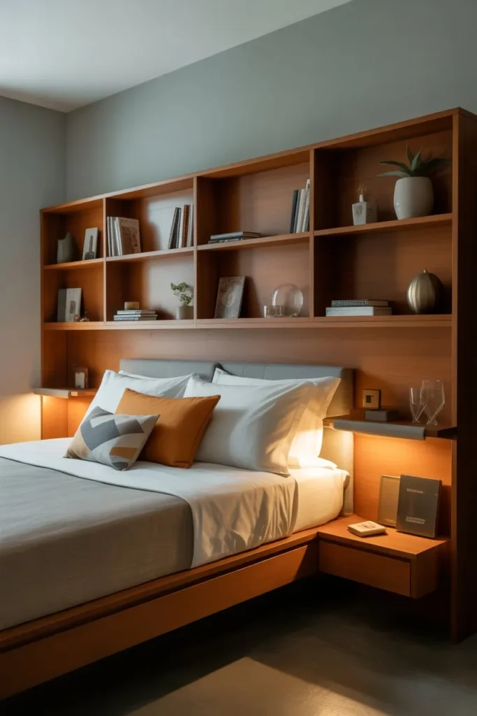 Bed with Headboard Storage Integration