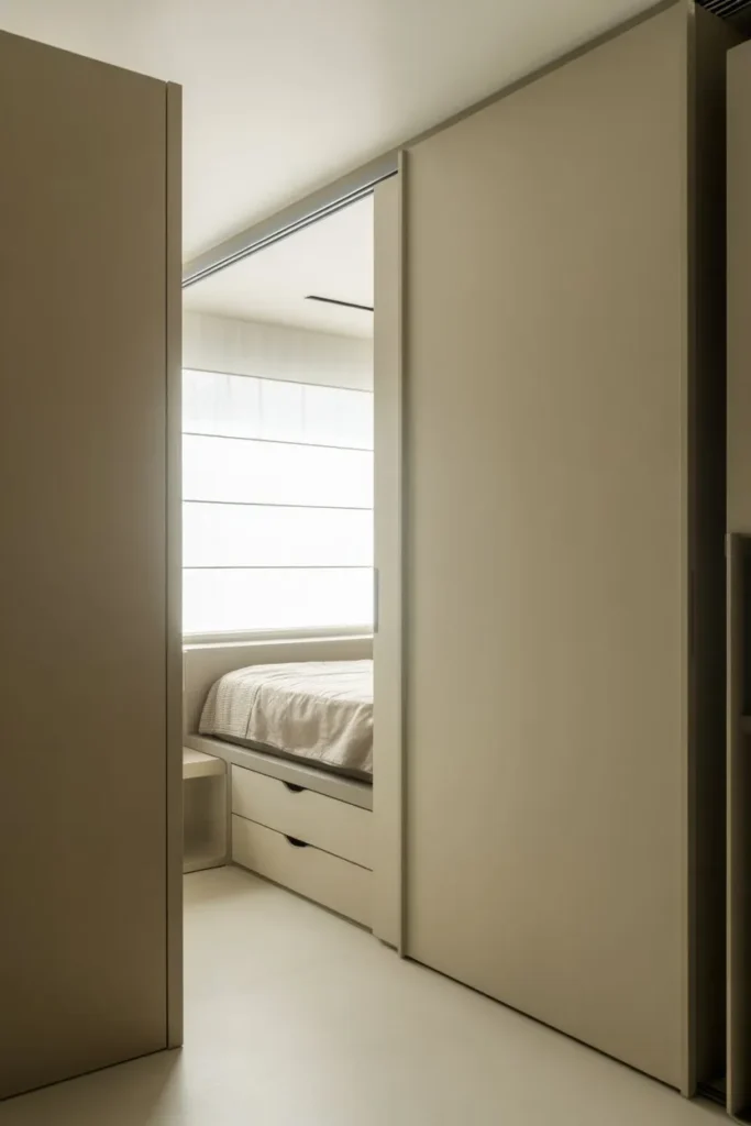 Bed with Sliding Furniture Integration