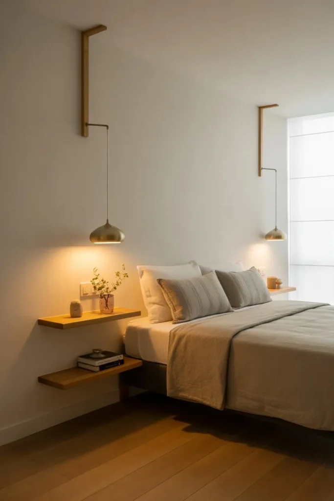 Bed with Wall-Mounted Lighting Instead of Side Tables