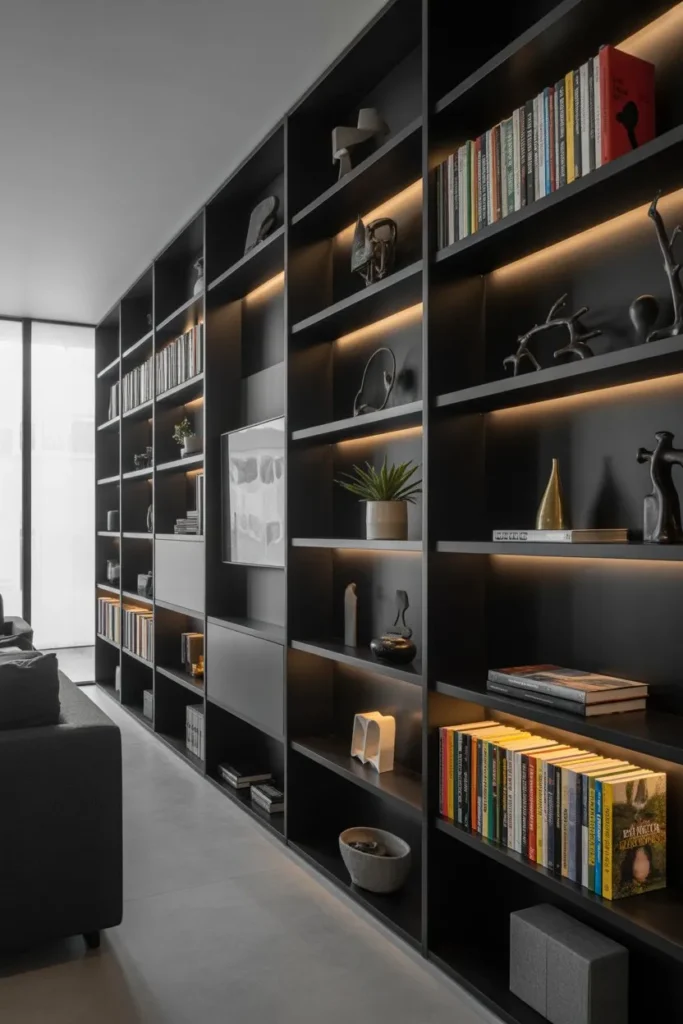 Black Living Room with Built-In Shelving