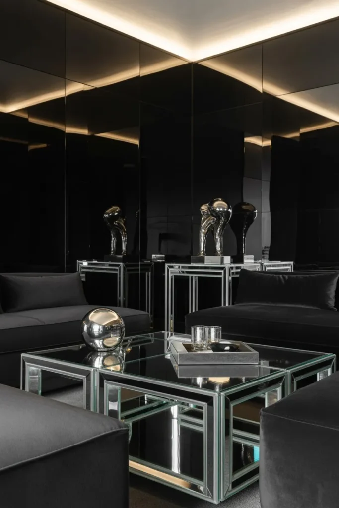 Black Living Room with Glass and Reflective Surfaces