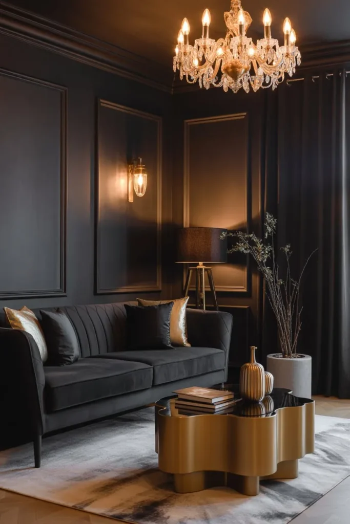 Black Living Room with Gold Accents