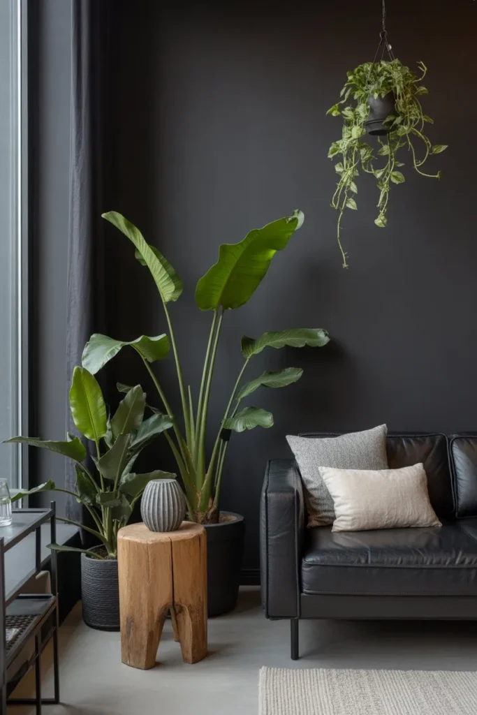 Black Living Room with Green Plant Contrast