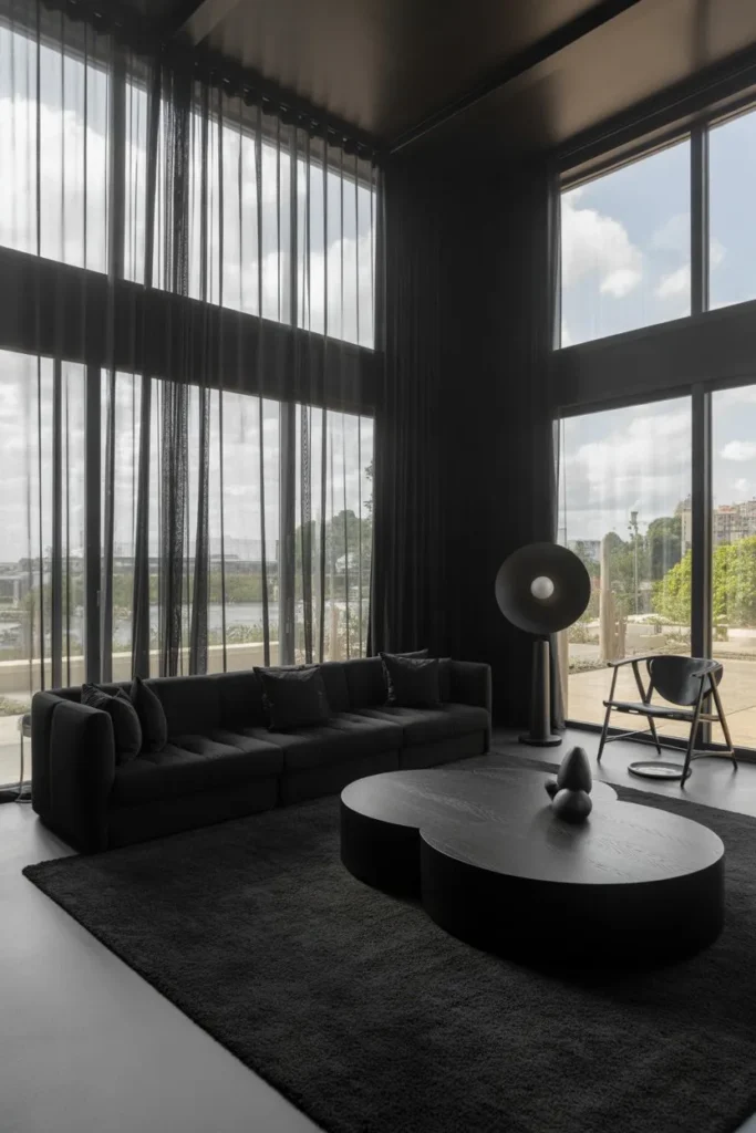 Black Living Room with Large Windows
