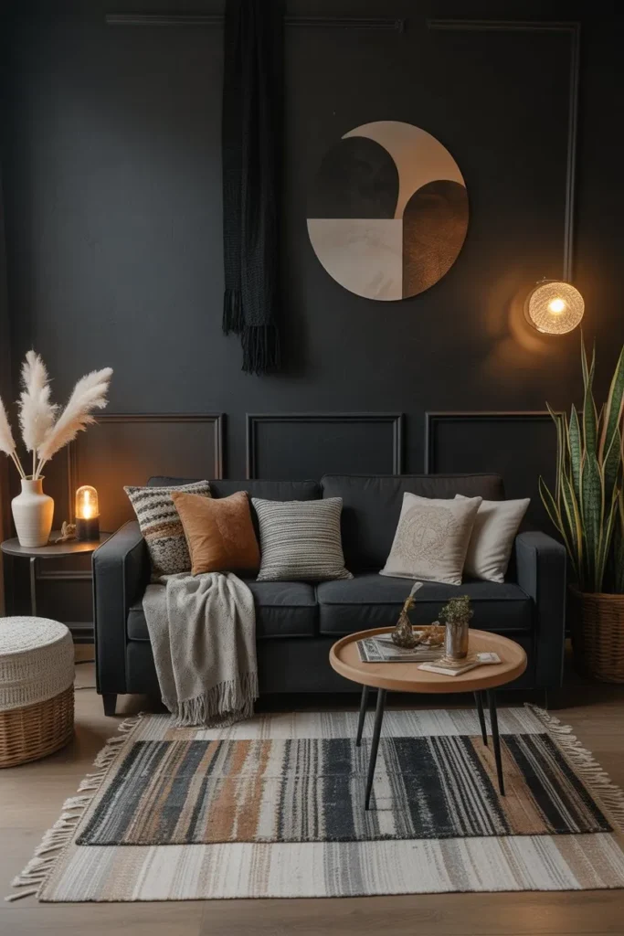 Black Living Room with Layered Rugs and Textiles