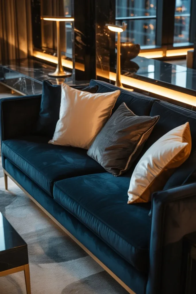 Black Living Room with Plush Velvet Sofa