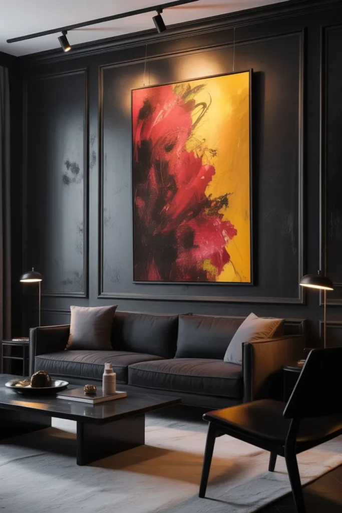 Black Living Room with Statement Art Wall