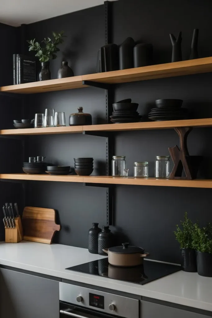 Black and Wood Contrast Shelf Styling