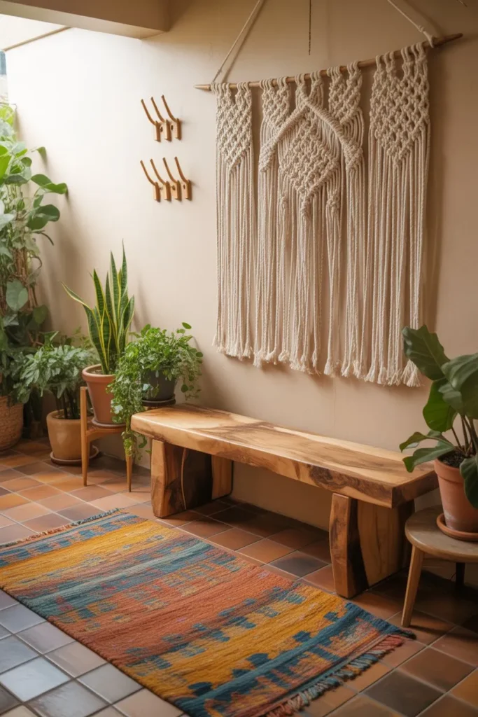 17 Small Mudroom Ideas for a Clean Entryway Look Bohemian Terracotta and Macramé Corner