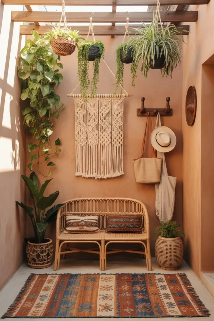 19 Mudroom Ideas for Small Spaces That Stay Organized Bohemian Terracotta and Rattan Nook
