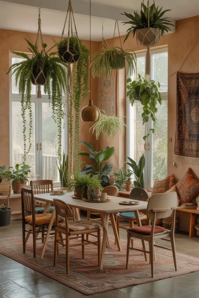 Boho Dining Room with Hanging Plants