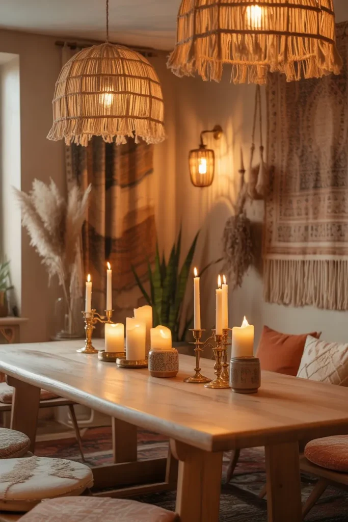 Boho Dining Room with Layered Lighting Sources