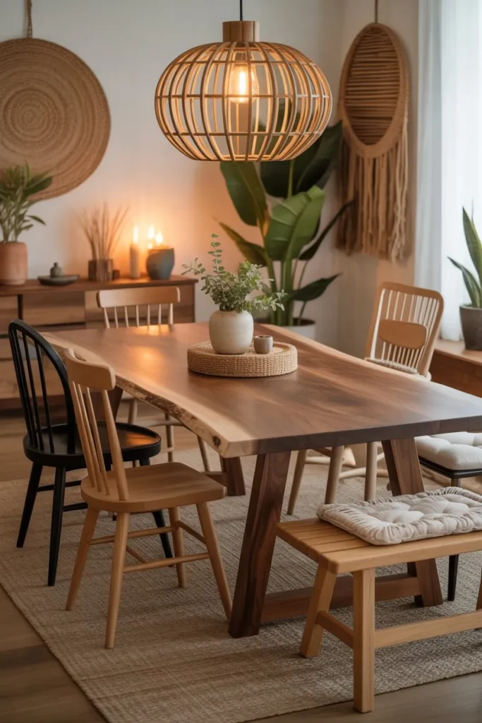 Boho Dining Room with Mixed Wood Tones