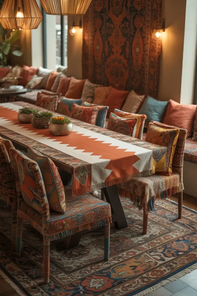 Boho Dining Room with Patterned Textiles
