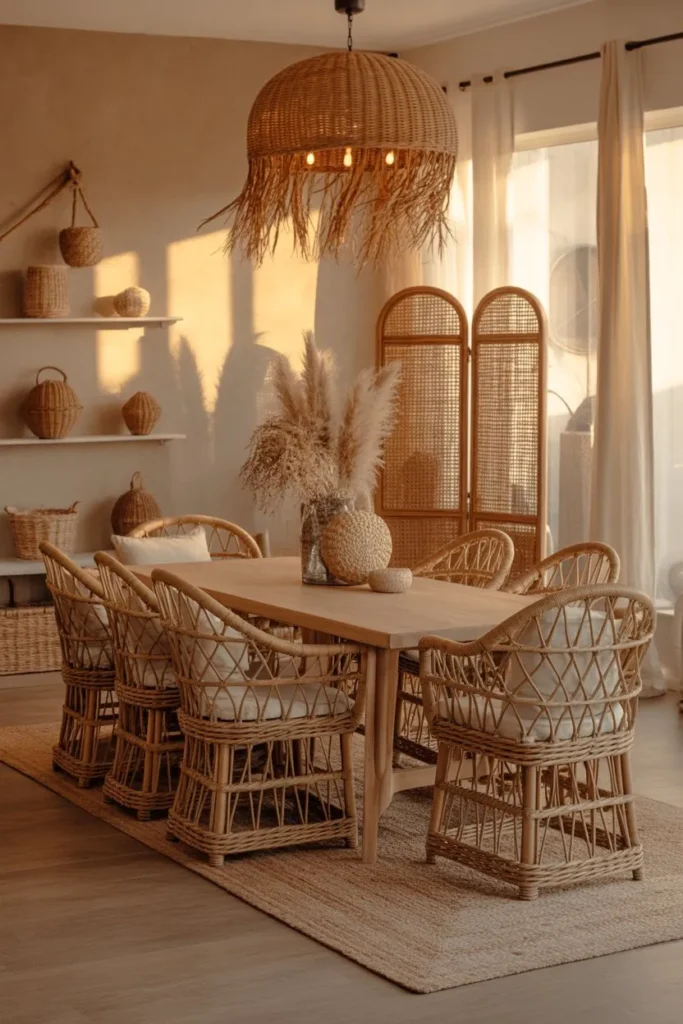 Boho Dining Room with Rattan and Wicker Elements