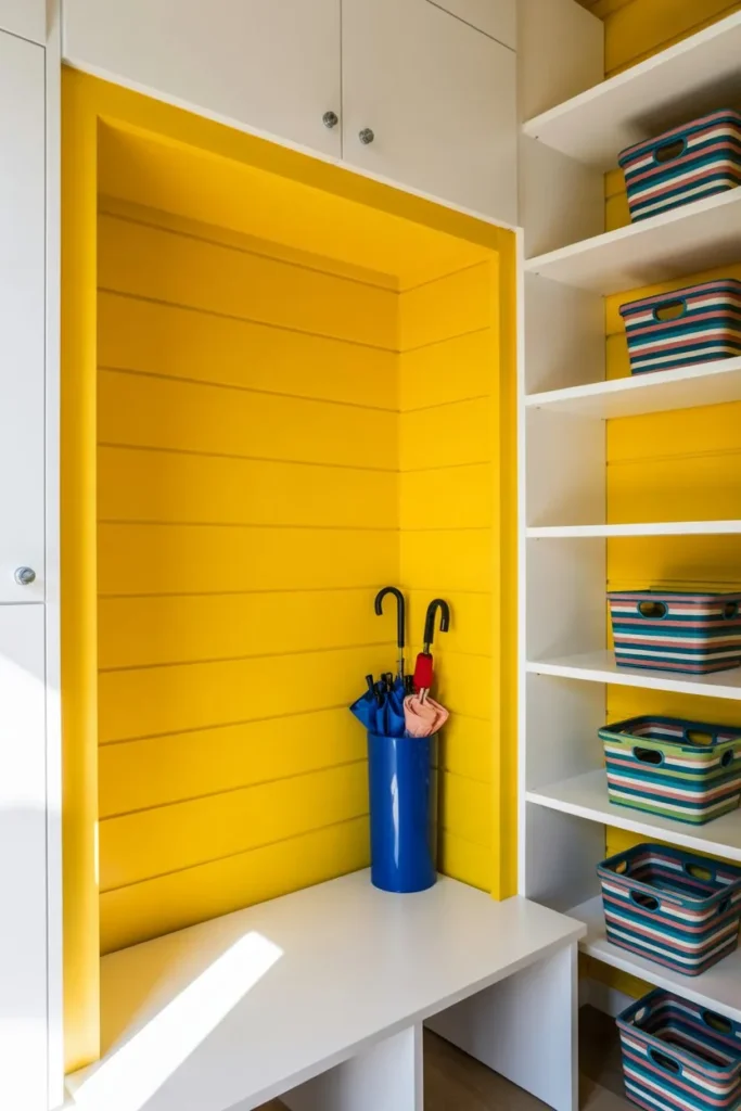 13 Mudroom Organization Ideas for a Clean Entryway Look Bright Lemon Yellow Pop Storage Nook