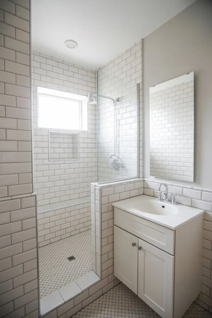Bright White Minimal Small Master Bath