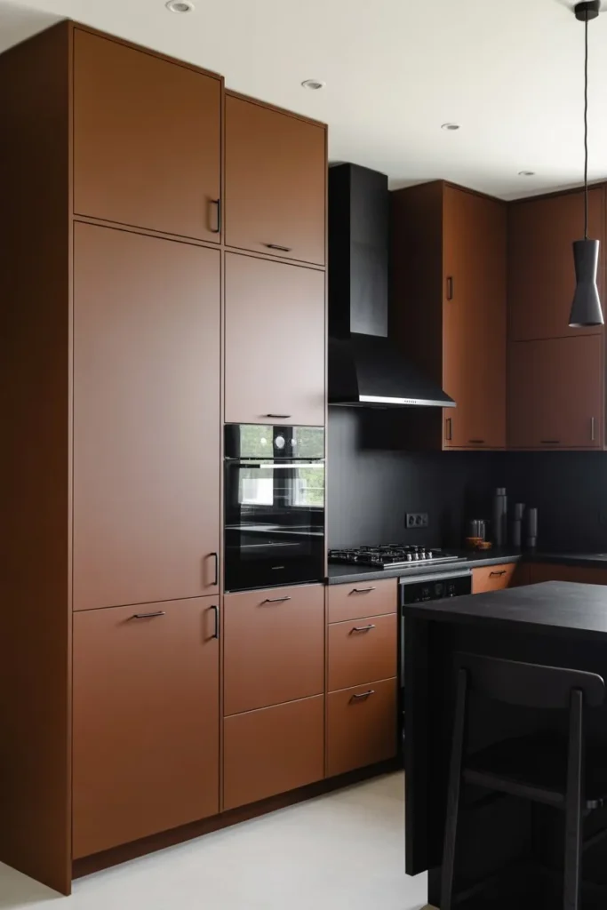 Brown Cabinets with Black Accents for Modern Contrast