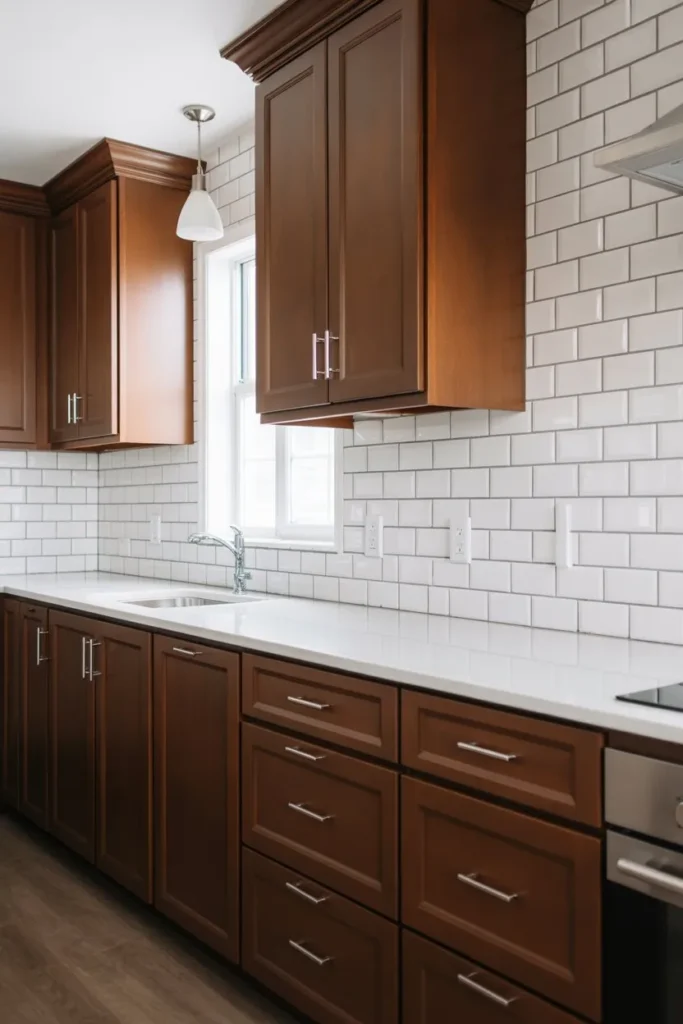 Brown Cabinets with Bright Backsplash Contrast