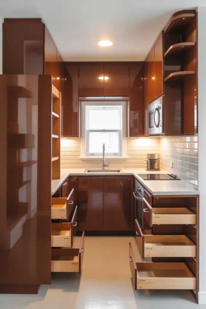 Brown Cabinets with Compact Smart Layout