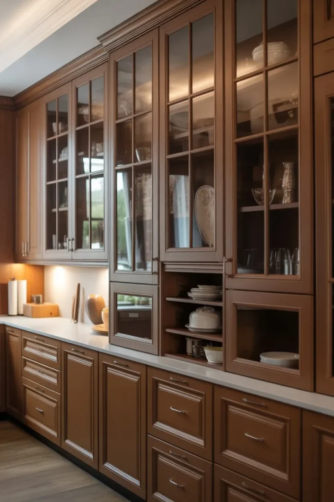 Brown Cabinets with Glass Front Elements