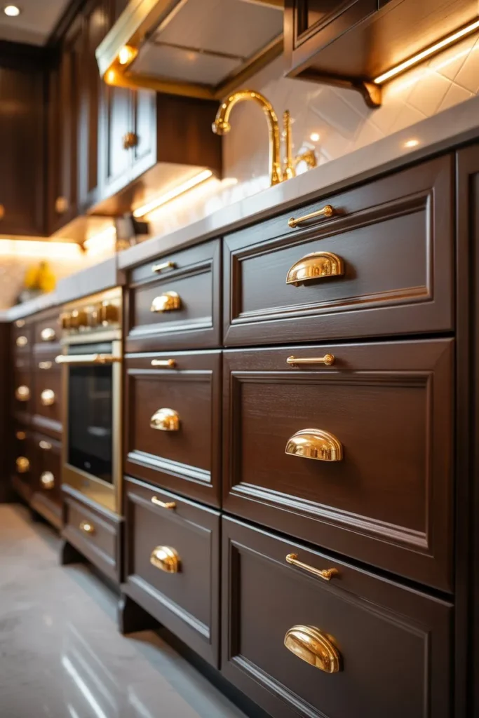 Brown Cabinets with Gold Hardware Accents