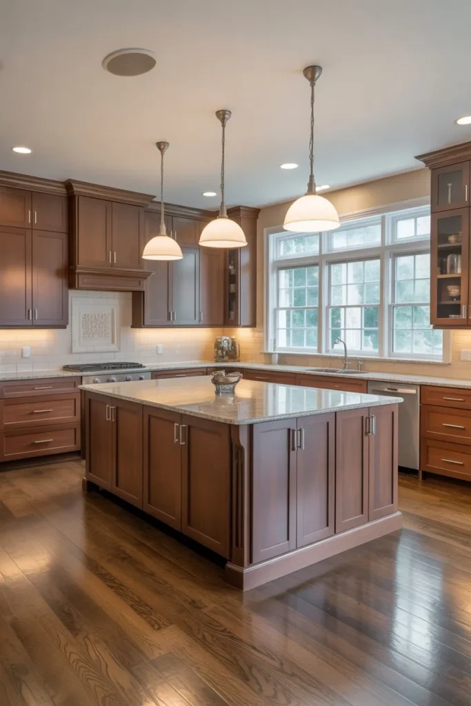 Brown Cabinets with Island as Central Feature