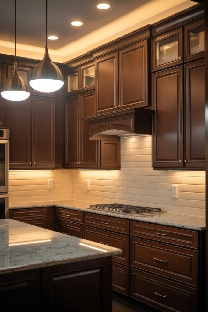 Brown Cabinets with Layered Lighting Design