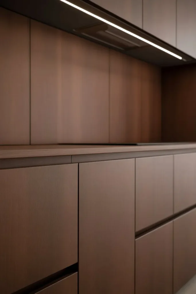 Brown Cabinets with Minimal Handleless Design