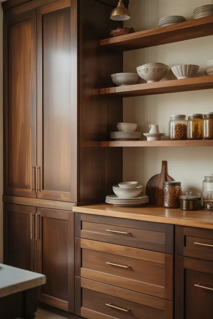 Brown Cabinets with Open Shelving Mix
