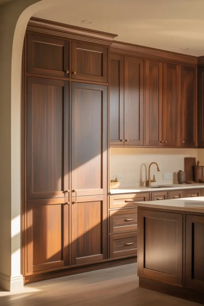 Brown Cabinets with Soft Beige Walls for Warm Harmony