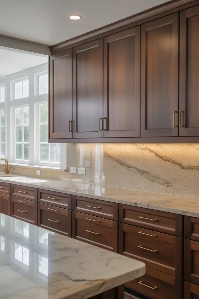 Brown Cabinets with Stone Countertops