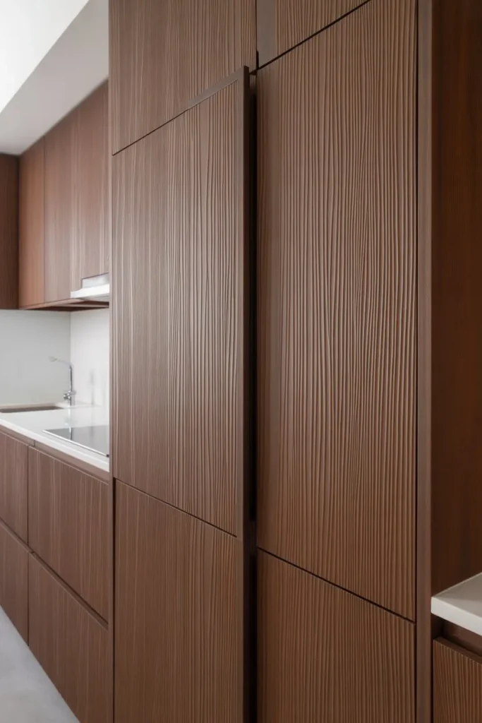 Brown Cabinets with Vertical Grain Texture