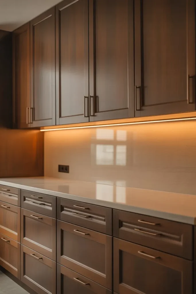 Brown Cabinets with Warm Ambient Lighting