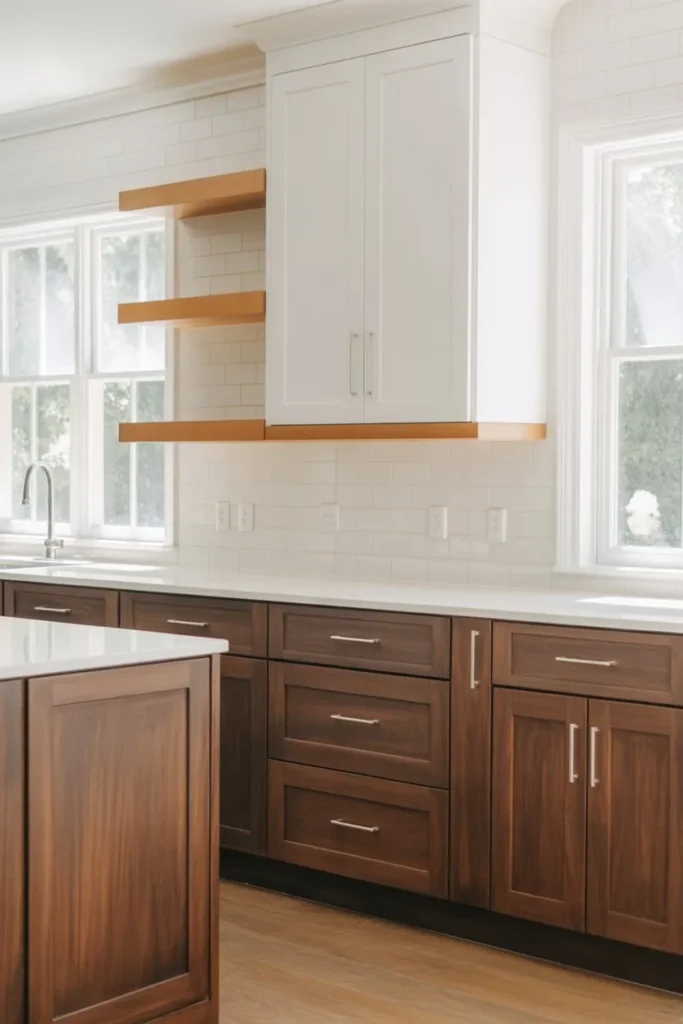 Brown Cabinets with White and Wood Balance