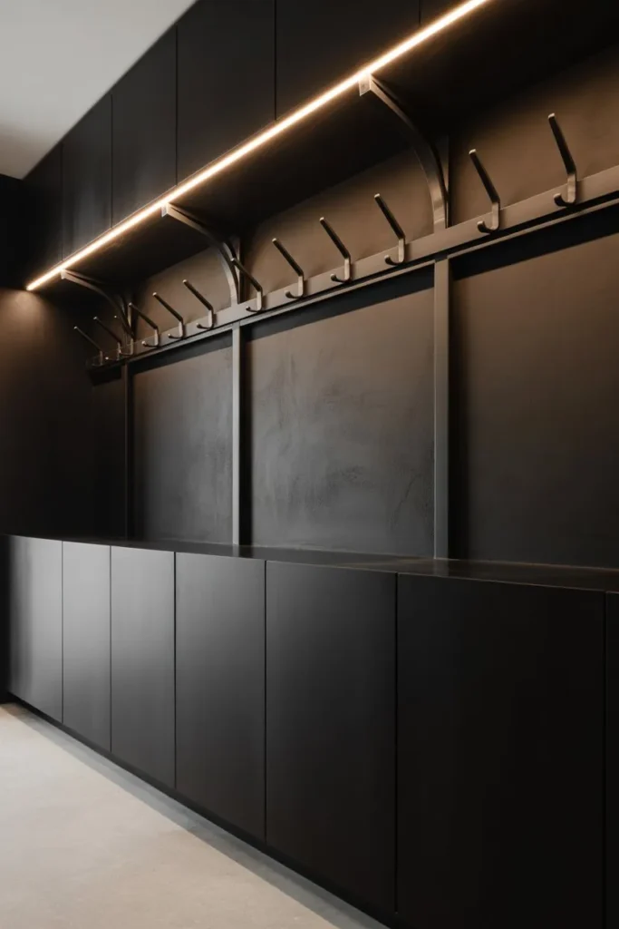 19 Mudroom Ideas for Small Spaces That Stay Organized Brutalist Matte Black Monolith