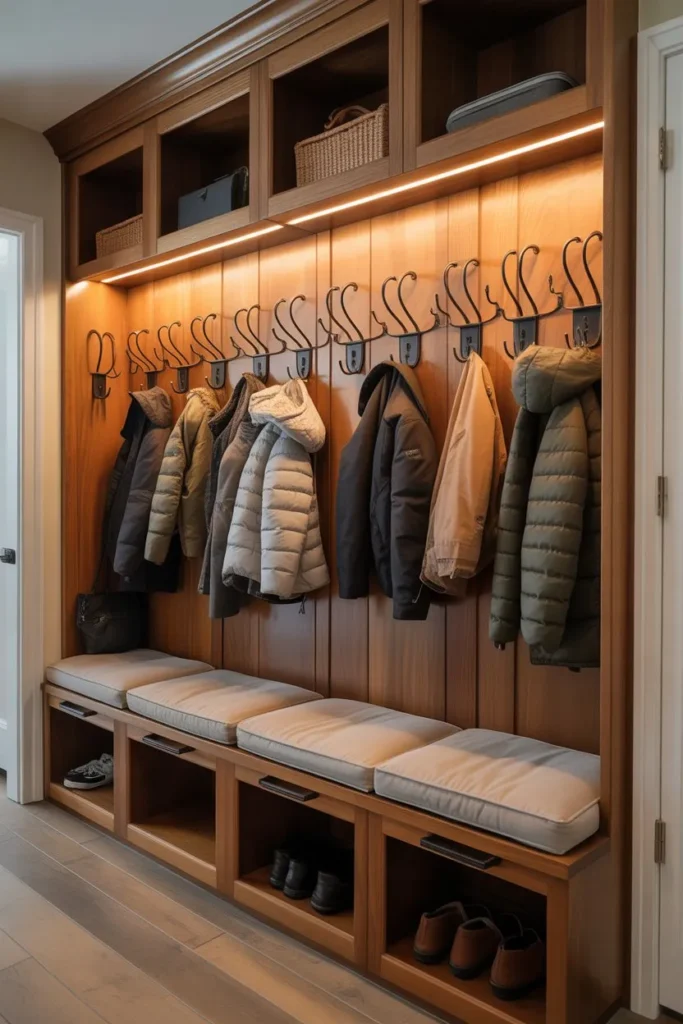 Built-In Mudroom with Integrated Hooks Panel